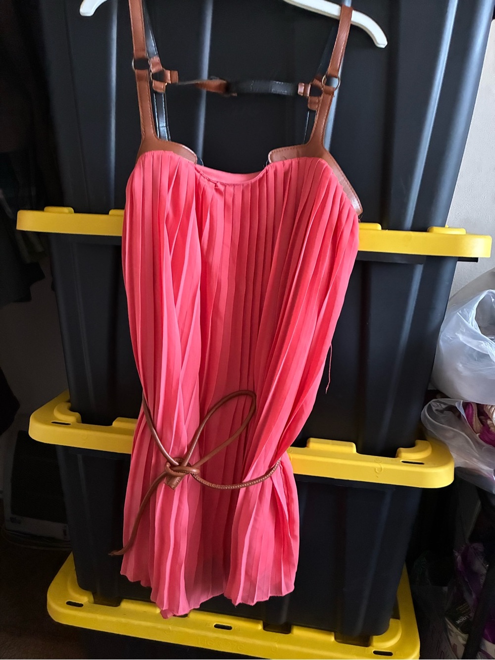 New Look Coral Pink Pleated Mini Skirt with Brown Waist Straps